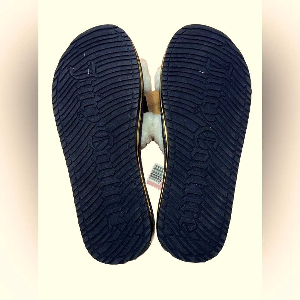 NWT Juicy Couture Soft Fuzzy Logo Slippers Gold Trim L - Picture 3 of 6